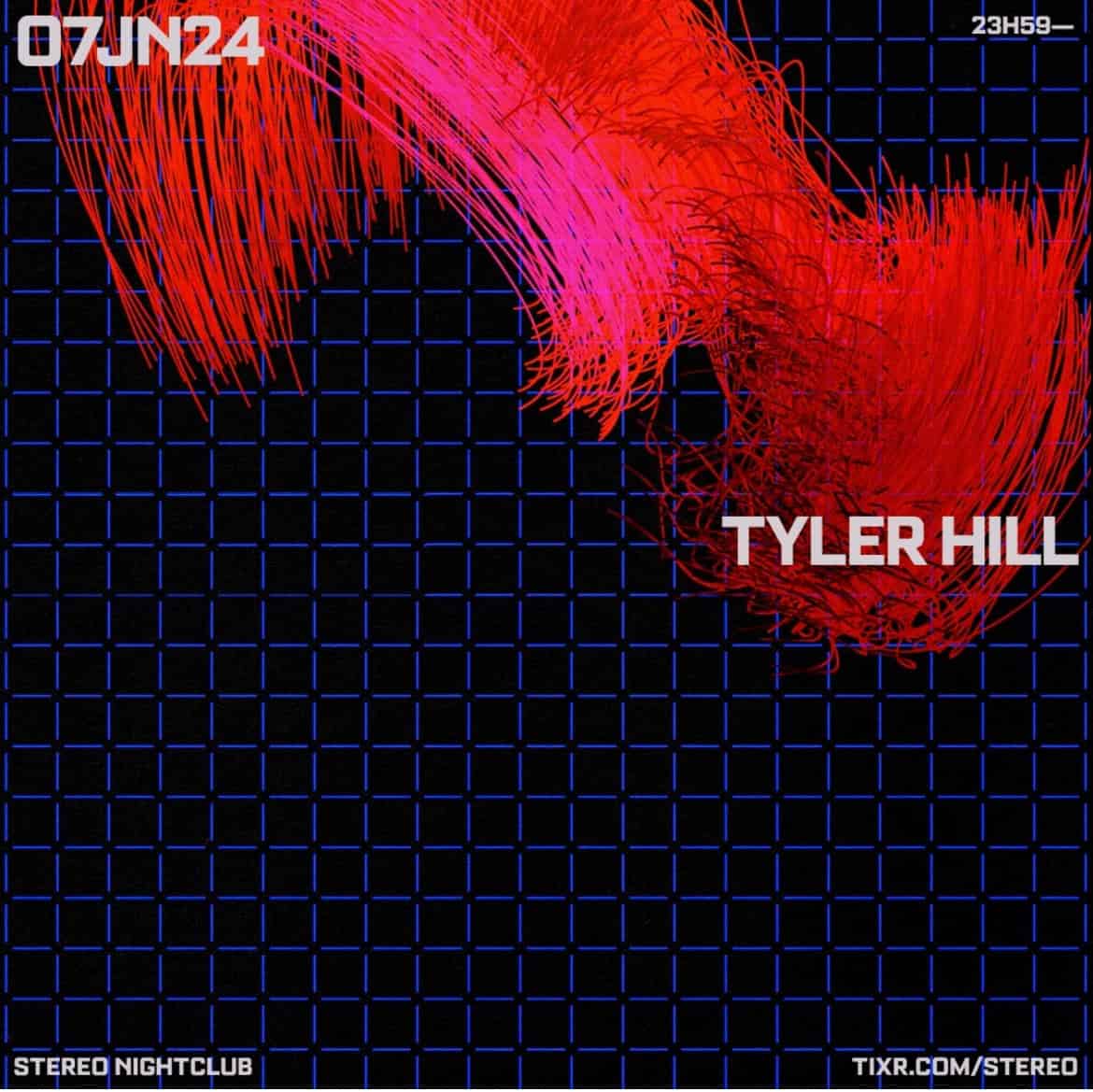 Abstract red splash on a navy blue graphic with Tyler Hill at Stereo