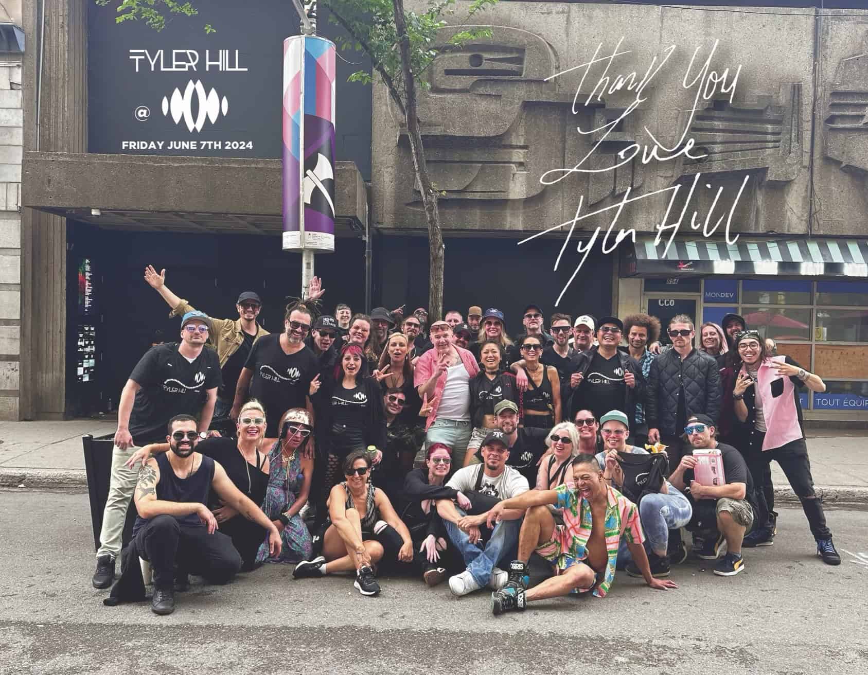 A group outside Stereo Montreal after sunrise with Tyler's signature