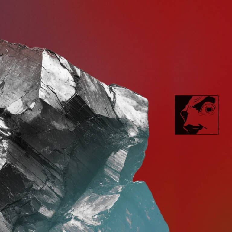 Red album cover with chipped shiny black stone