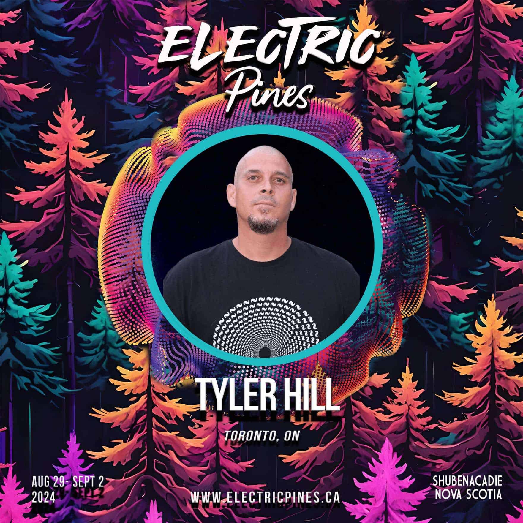 Electric Pines Tyler Hill 2024 Illustrated poster with bald man in a circle amongst trees
