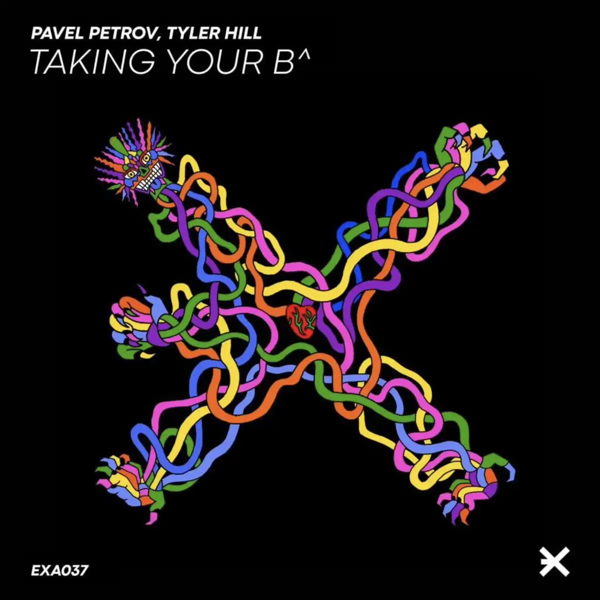 Taking Your B Pavel Petrov Tyler Hill A colourful series of wires forming an X on a black background