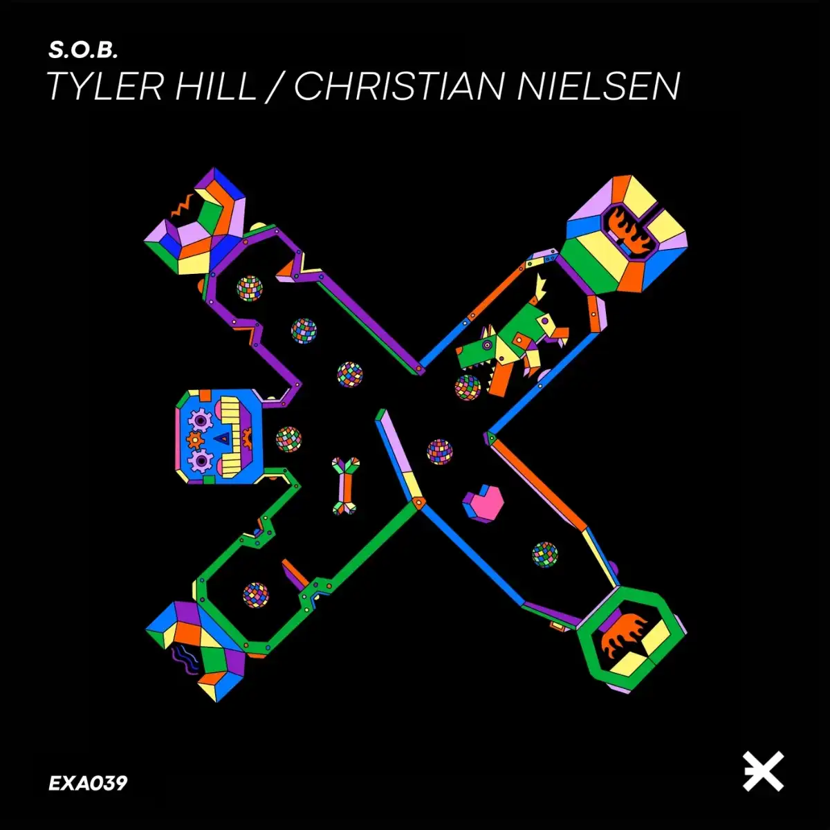 Illustration of human-like figure forming an X on a black background
